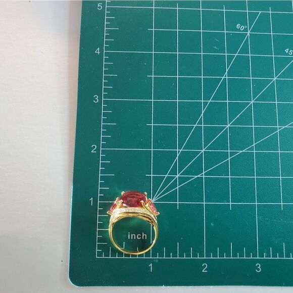 Oval Cut Ruby & White Topaz  Cocktail  Ring 14K Gold on 925 Band - Picture 8 of 9